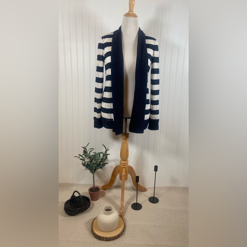 Banana Republic Navy & White Striped Open Front Cardigan Women's Medium